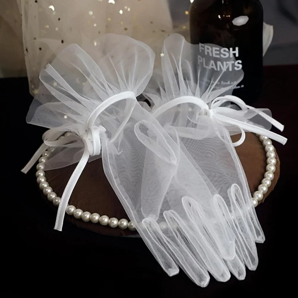 Women's Tulle Long Keeper Bow Lace Gloves White Opera Bridal Wedding Party Tea
